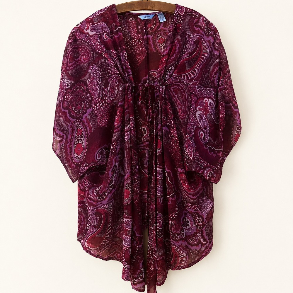 Izod Kimono Size XL Purple Multi Paisley Print Ties Semi Sheer Whimsigoth Boho